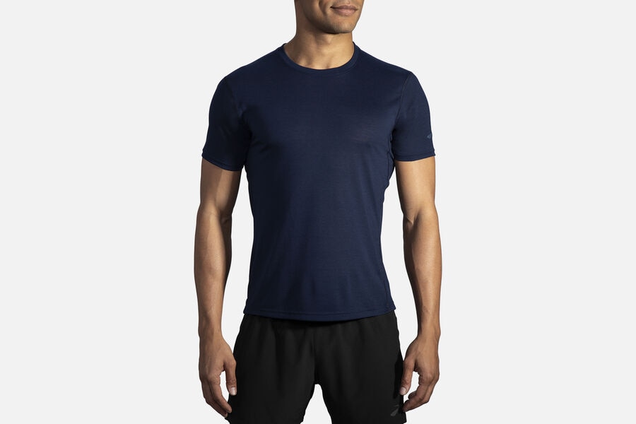 Mens Brooks Distance Sleeve Tops Navy | 281396-NDZ